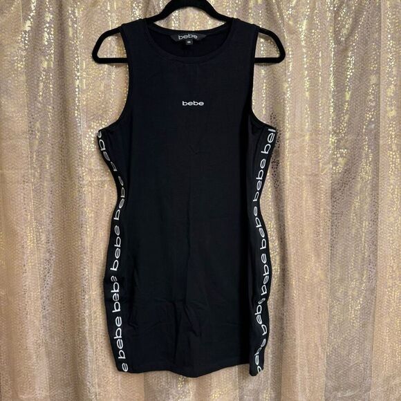 Bebe Y2K Black White Logo Bodycon Tank Top Mini Dress XL (EG) - Picture 1 of 6